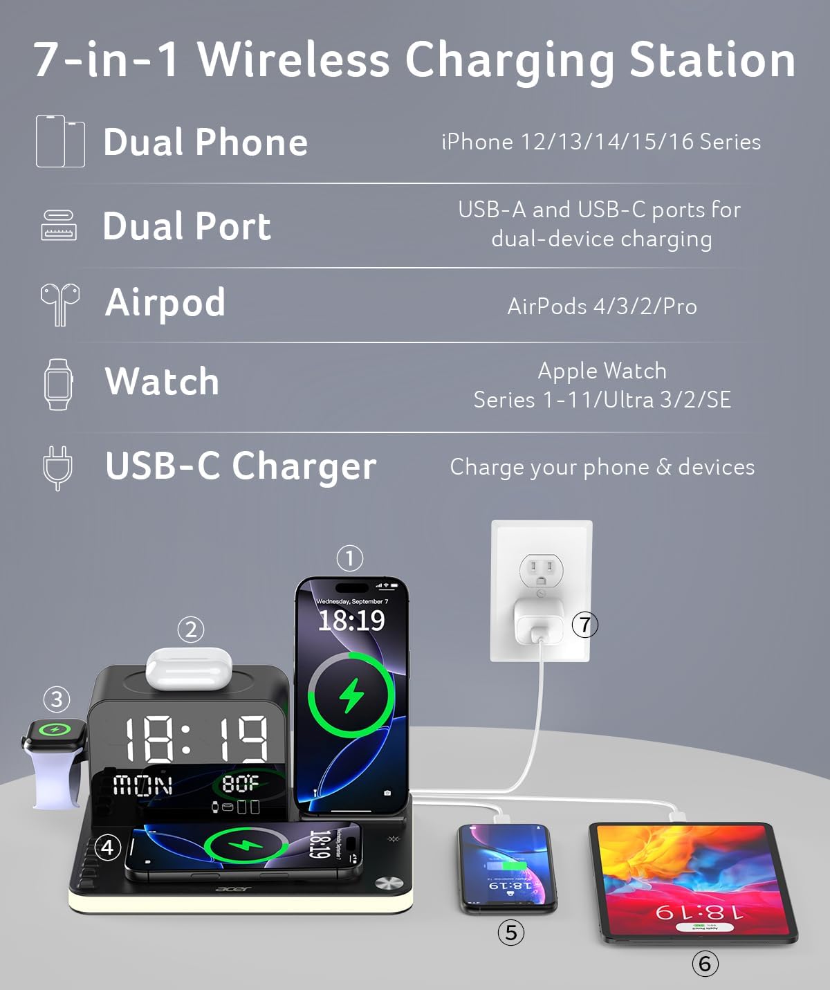 Acer 7 in 1 Wireless Charging Station with LED Night Light